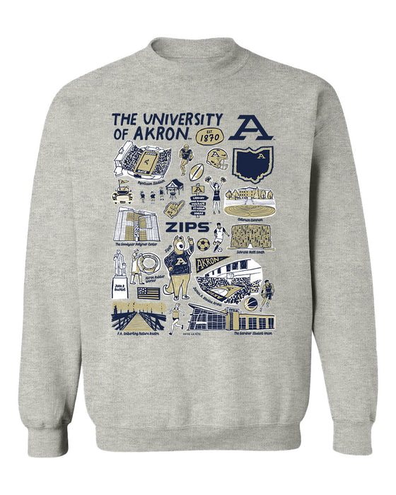Akron Zips Hand Sketched Vive La Fete Impressions Grey Cotton Crewneck Sweatshirt for Women