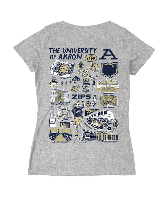 Akron Zips Hand Sketched Vive La Fete Impressions Artwork Women Cotton Short Sleeve V-Neck Tshirt