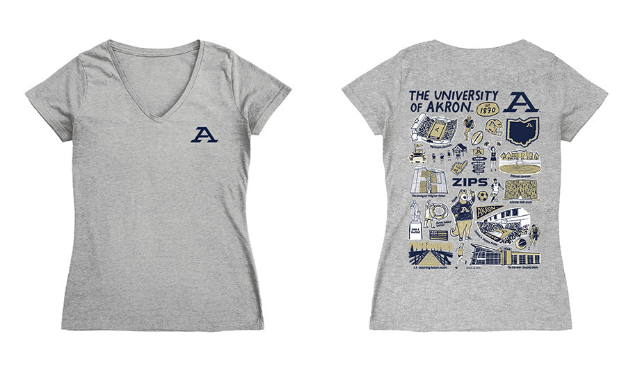 Akron Zips Hand Sketched Vive La Fete Impressions Artwork Women Cotton Short Sleeve V-Neck Tshirt