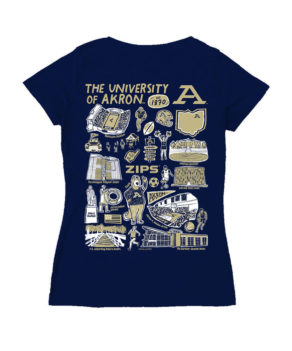 Akron Zips Hand Sketched Vive La Fete Impressions Artwork Women Cotton Short Sleeve V-Neck Tshirt