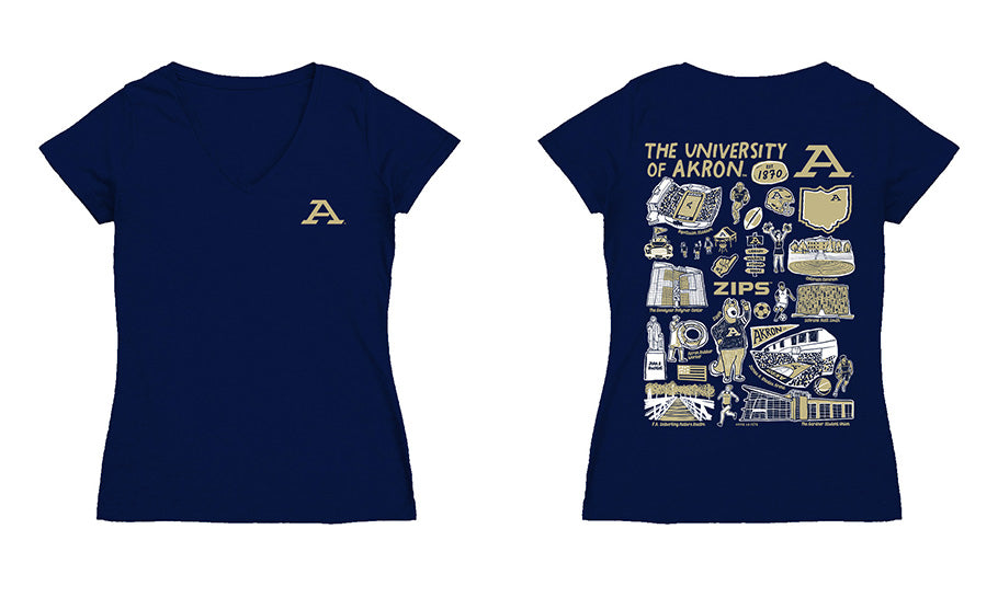 Akron Zips Hand Sketched Vive La Fete Impressions Artwork Women Cotton Short Sleeve V-Neck Tshirt