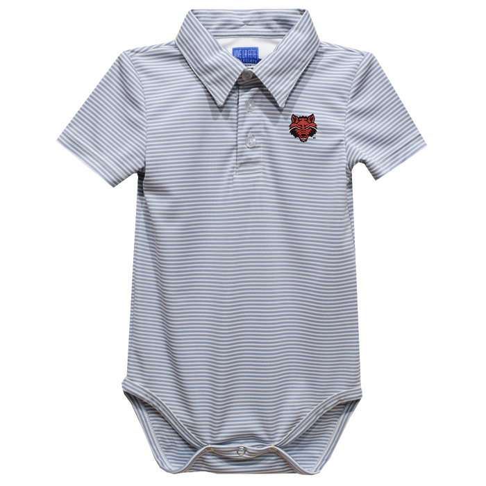 Arkansas State Red Wolves Embroidered Gray Stripe Knit Polo Bodysuit - Vive La Fête - Online Apparel Store