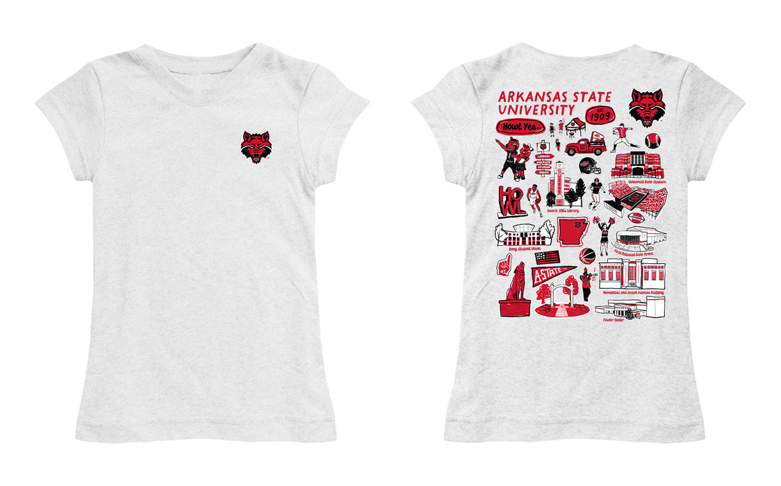 Arkansas State Red Wolves Hand Sketched Vive La Fete Impressions Artwork White Girls Cotton Short Sleeve Tee - Vive La Fête - Online Apparel Store