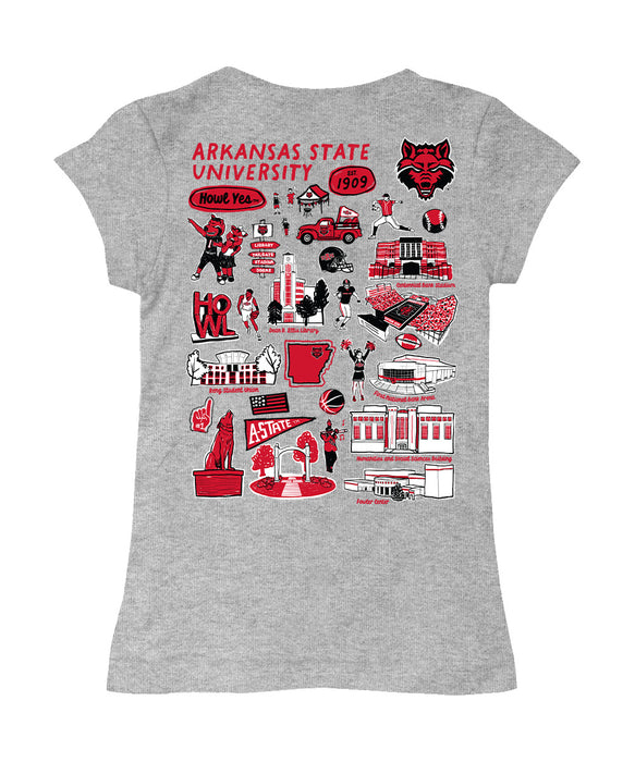 Arkansas State Red Wolves Hand Sketched Vive La Fete Impressions Artwork Grey Girls Cotton Short Sleeve Tee - Vive La Fête - Online Apparel Store