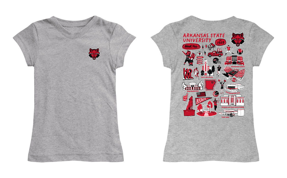 Arkansas State Red Wolves Hand Sketched Vive La Fete Impressions Artwork Grey Girls Cotton Short Sleeve Tee - Vive La Fête - Online Apparel Store