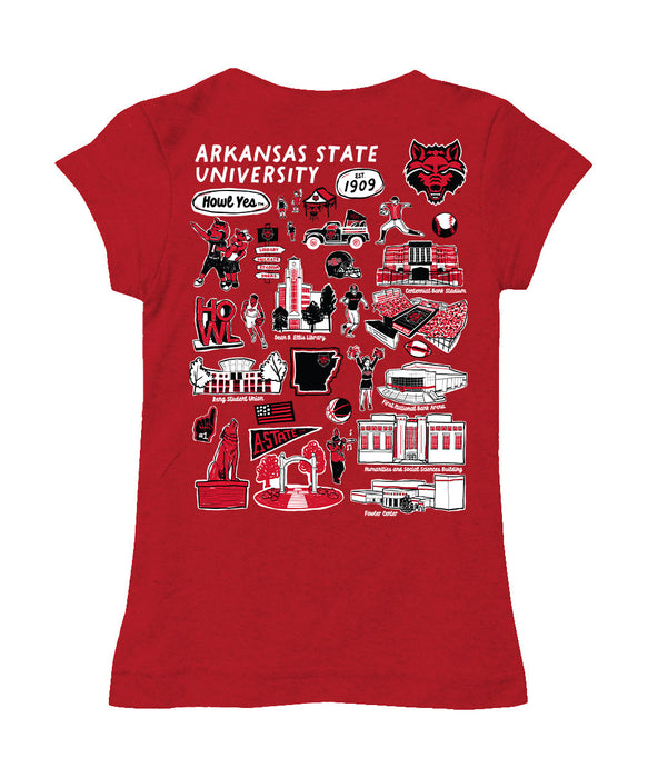 Arkansas State Red Wolves Hand Sketched Vive La Fete Impressions Artwork Red Girls Cotton Short Sleeve Tee - Vive La Fête - Online Apparel Store