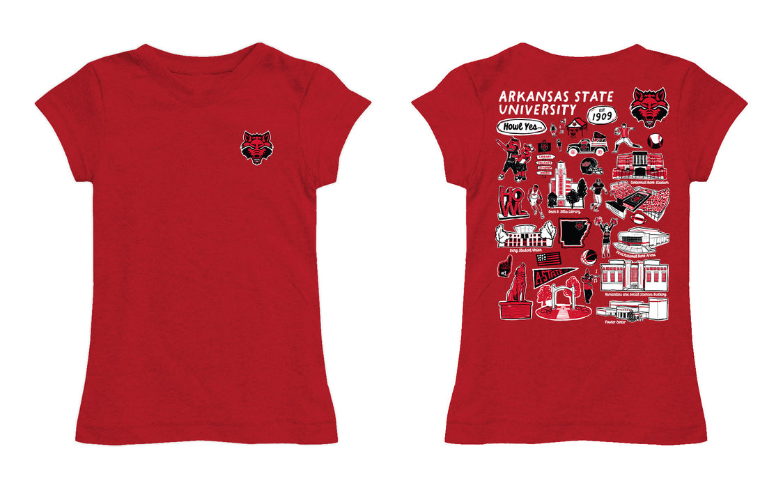 Arkansas State Red Wolves Hand Sketched Vive La Fete Impressions Artwork Red Girls Cotton Short Sleeve Tee - Vive La Fête - Online Apparel Store