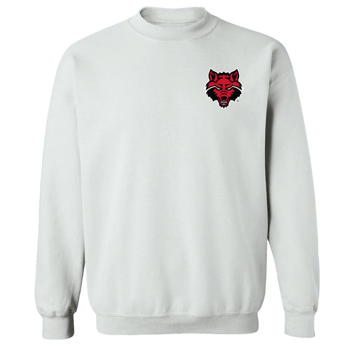 Arkansas State Red Wolves Hand Sketched Vive La Fete Impressions Artwork White Crew Neck Sweatshirt for Women