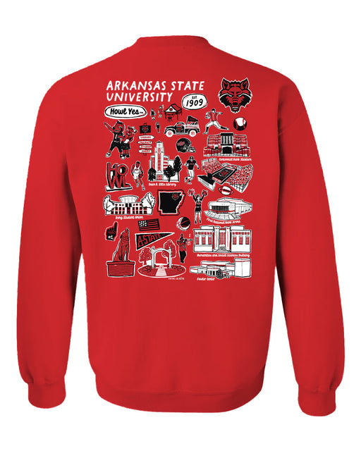 Arkansas State Red Wolves Hand Sketched Artwork Red Crewneck Sweatshirt for Women - Vive La Fête - Online Apparel Store