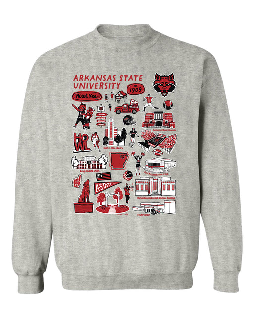 Arkansas State Red Wolves Hand Sketched Vive La Fete Impressions Grey Cotton Crewneck Sweatshirt for Women