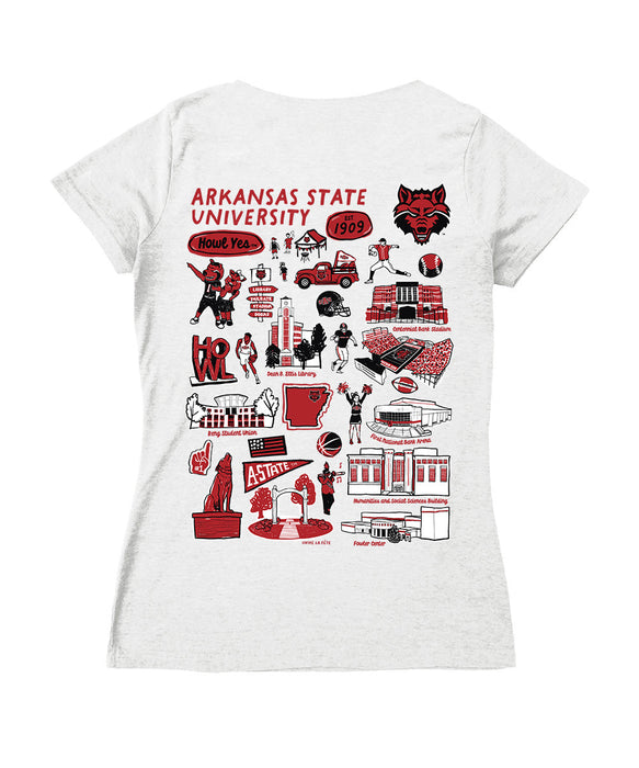 Arkansas State Red Wolves Hand Sketched Vive La Fete Impressions Artwork Women Cotton Short Sleeve V-Neck Tshirt
