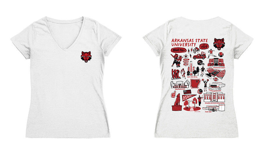 Arkansas State Red Wolves Hand Sketched Vive La Fete Impressions Artwork Women Cotton Short Sleeve V-Neck Tshirt