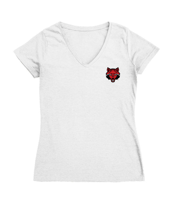 Arkansas State Red Wolves Hand Sketched Vive La Fete Impressions Artwork White Women Cotton Short Sleeve V-Neck Tshirt