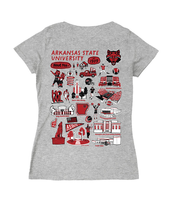 Arkansas State Red Wolves Hand Sketched Vive La Fete Impressions Artwork Women Cotton Short Sleeve V-Neck Tshirt