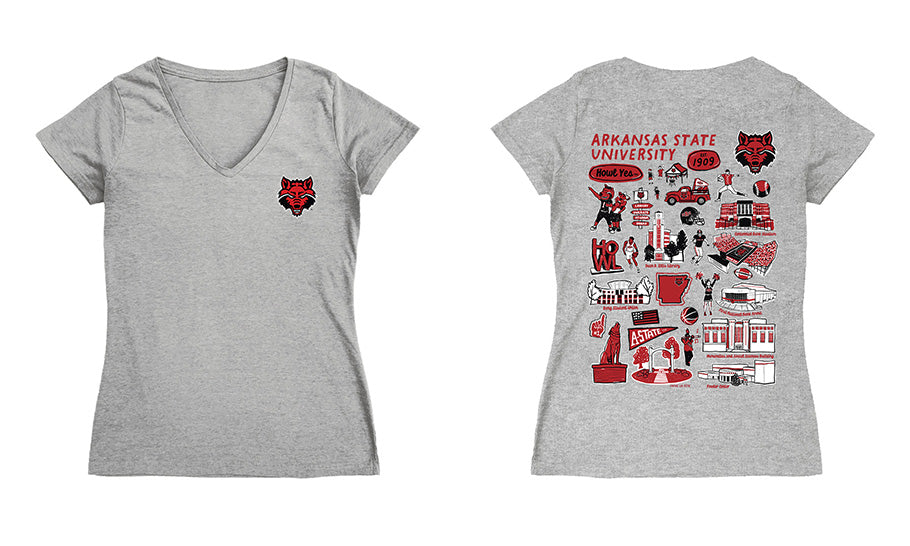Arkansas State Red Wolves Hand Sketched Vive La Fete Impressions Artwork Women Cotton Short Sleeve V-Neck Tshirt