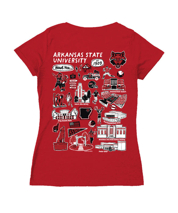 Arkansas State Red Wolves Hand Sketched Vive La Fete Impressions Artwork Women Cotton Short Sleeve V-Neck Tshirt