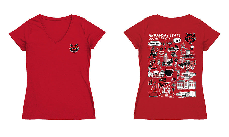Arkansas State Red Wolves Hand Sketched Vive La Fete Impressions Artwork Women Cotton Short Sleeve V-Neck Tshirt