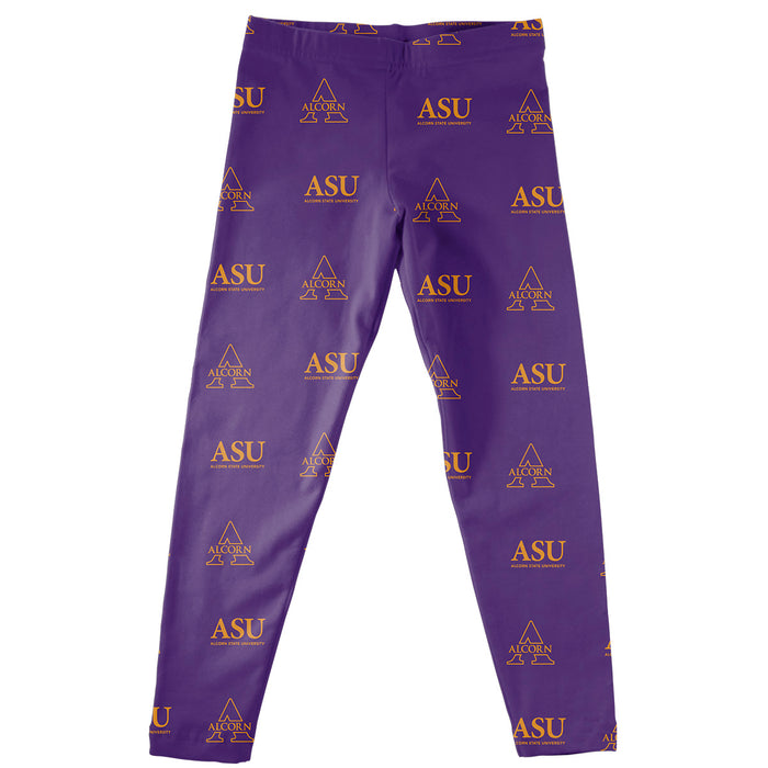 Alcorn State Braves Vive La Fete Girls Game Day All Over Two Logos Elastic Waist Classic Play Purple Leggings Tights