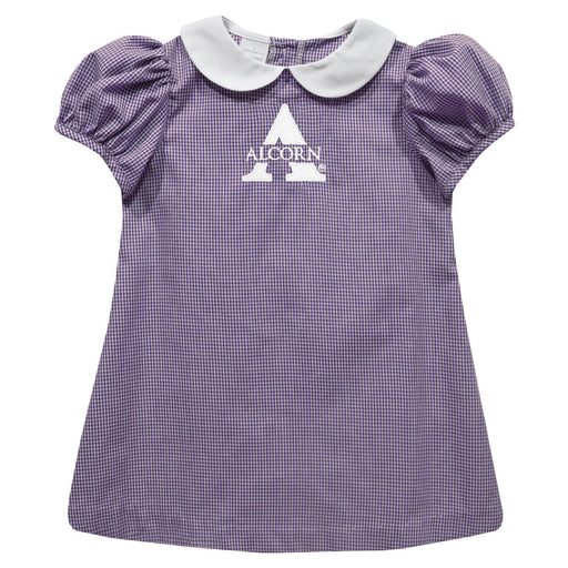 Alcorn State University Braves Embroidered Purple Gingham Short Sleeve A Line Dress