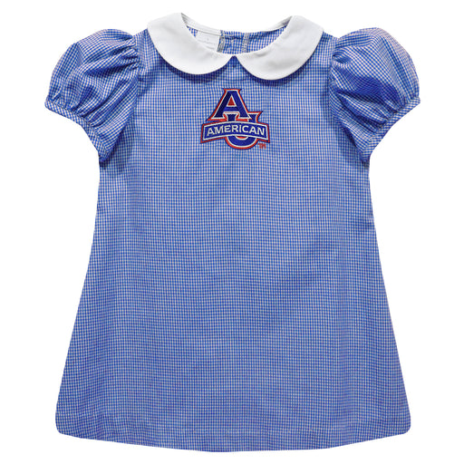American University Eagles Embroidered Royal Gingham Short Sleeve A Line Dress