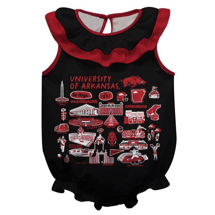 Arkansas Razorbacks  Black Hand Sketched Vive La Fete Impressions Artwork Sleeveless Ruffle Onesie Bodysuit