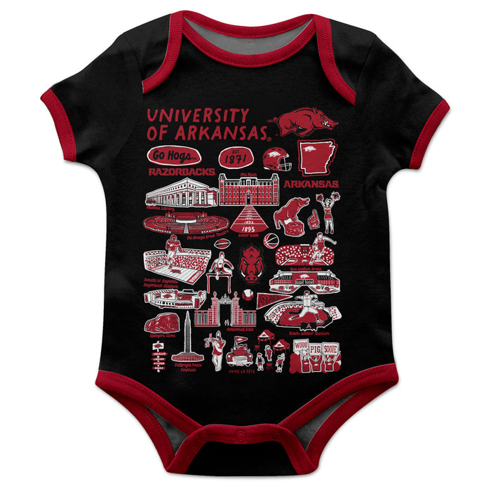 Arkansas Razorbacks Hand Sketched Vive La Fete Impressions Artwork Infant Black Short Sleeve Onesie Bodysuit