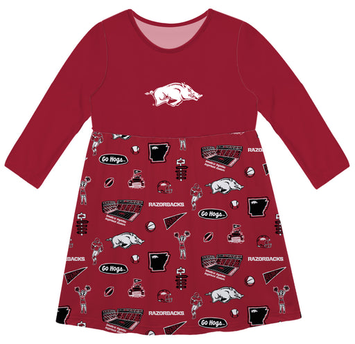 Arkansas Razorbacks Long Sleeve Solid Red Repeat Print Hand Sketched Impressions Artwork on Skirt