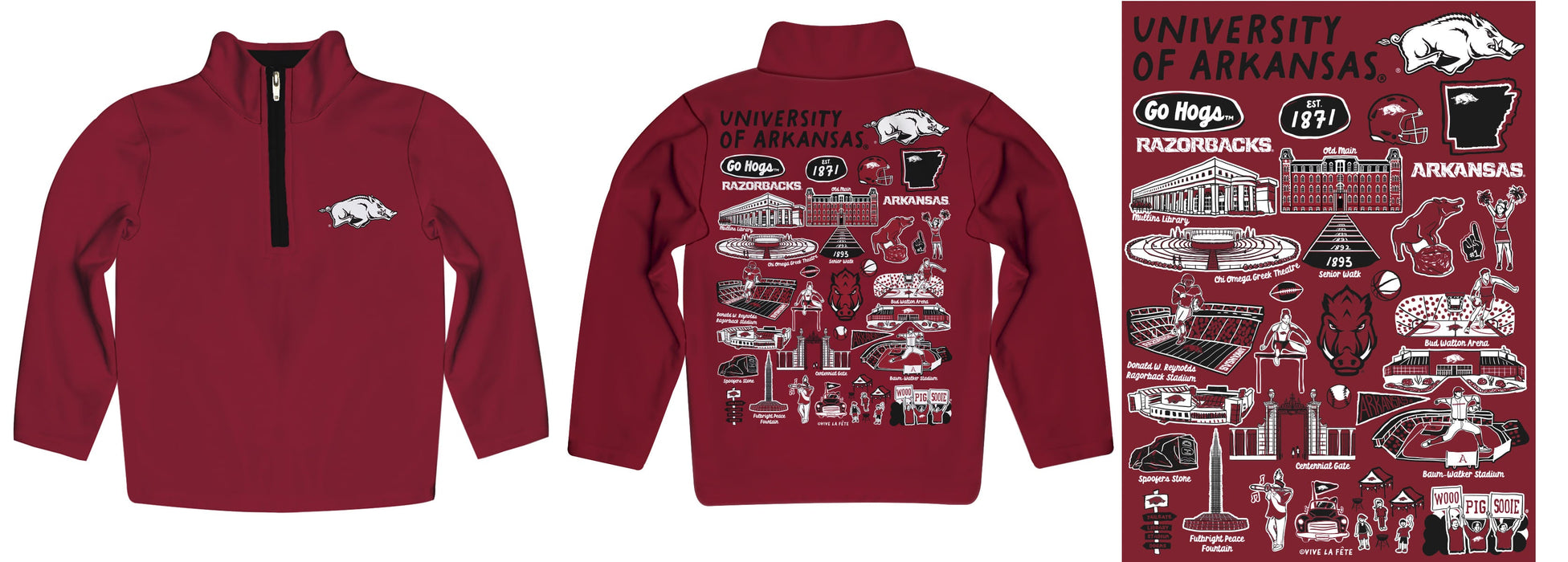 Arkansas Razorbacks Hand Sketched Vive La Fete Impressions Artwork Cardinal Boys Quarter Zip Pullover V1 - Vive La Fête - Online Apparel Store