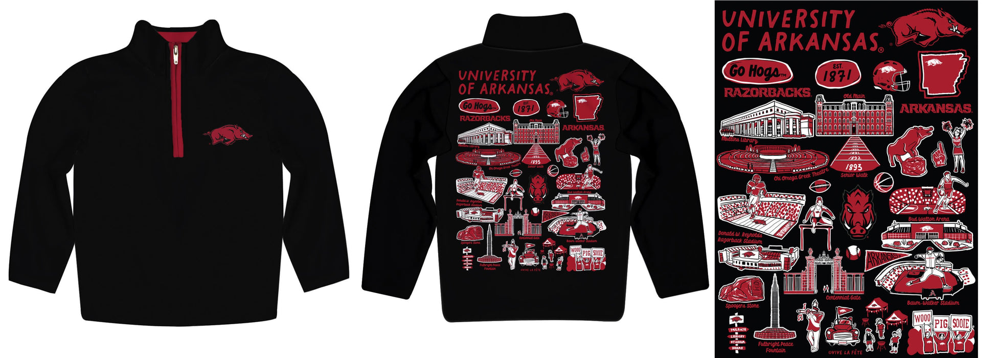 Arkansas Razorbacks Hand Sketched Vive La Fete Impressions Artwork  Black Boys Quarter Zip Pullover V1 - Vive La Fête - Online Apparel Store