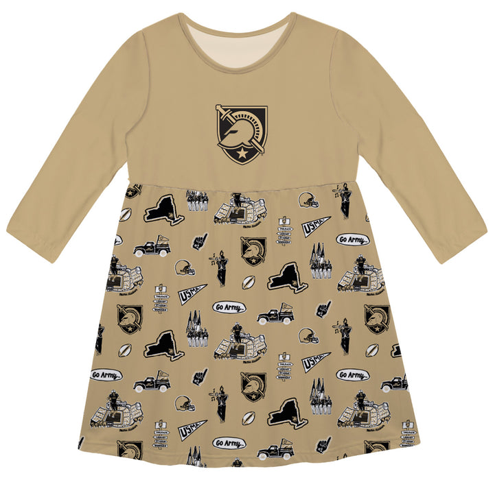 US Military ARMY Black Knights Long Sleeve Solid Gold Repeat Print Hand Sketched Impressions Artwork on Skirt