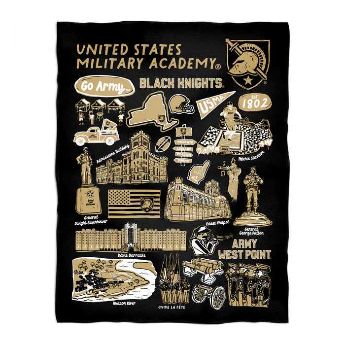 US Military Army Black Knights Black Hand Sketched Vive La Fete Impressions Artwork Plush Soft Minky Blanket 36 x 48