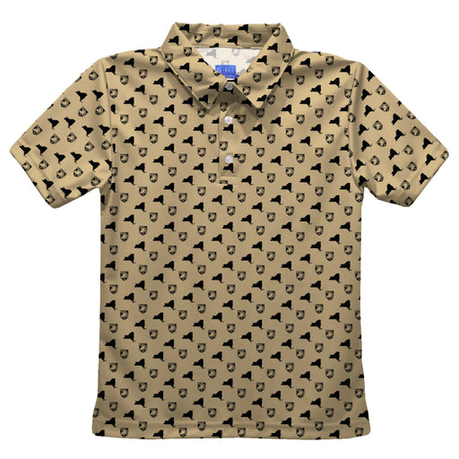 US Military ARMY Black Knights Vive La Fete All Over Logo Gold Short Sleeve Polo Shirt