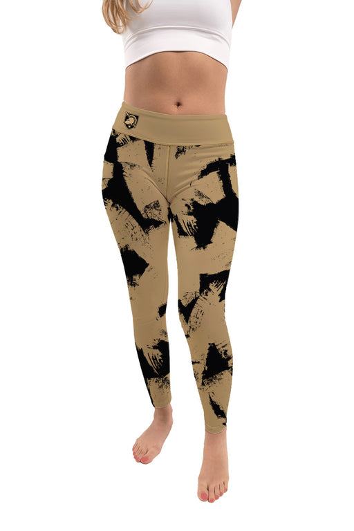 US Military ARMY Black Knights Vive La Fete Paint Brush Logo on Waist Women Gold Yoga Leggings