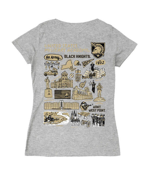 US Military ARMY Black Knights Hand Sketched Vive La Fete Impressions Artwork Black Women Cotton V-Neck Tshirt