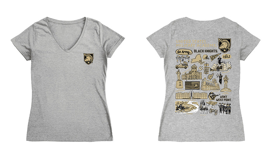 US Military ARMY Black Knights Hand Sketched Vive La Fete Impressions Artwork Black Women Cotton V-Neck Tshirt