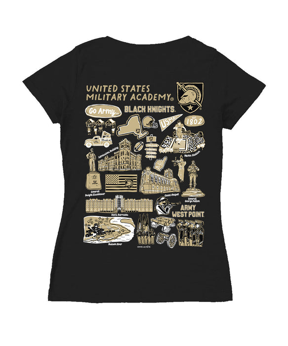 US Military ARMY Black Knights Hand Sketched Vive La Fete Impressions Artwork Black Women Cotton V-Neck Tshirt