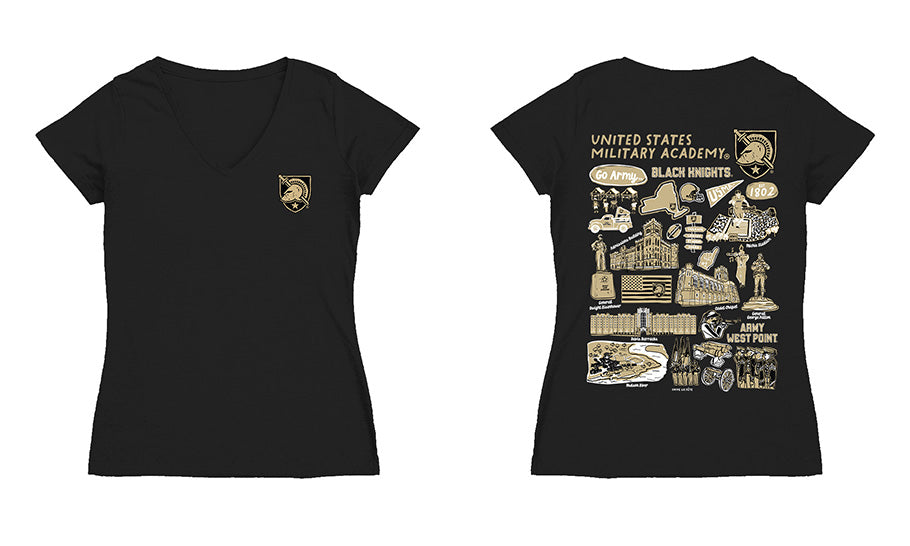 US Military ARMY Black Knights Hand Sketched Vive La Fete Impressions Artwork Black Women Cotton V-Neck Tshirt