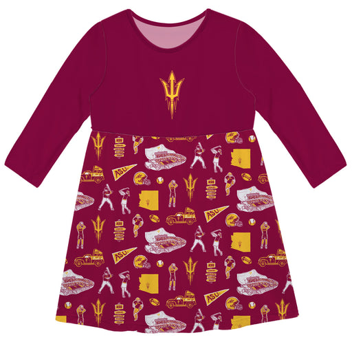 Arizona State Sun Devils Long Sleeve Solid Maroon Repeat Print Hand Sketched Impressions Artwork on Skirt