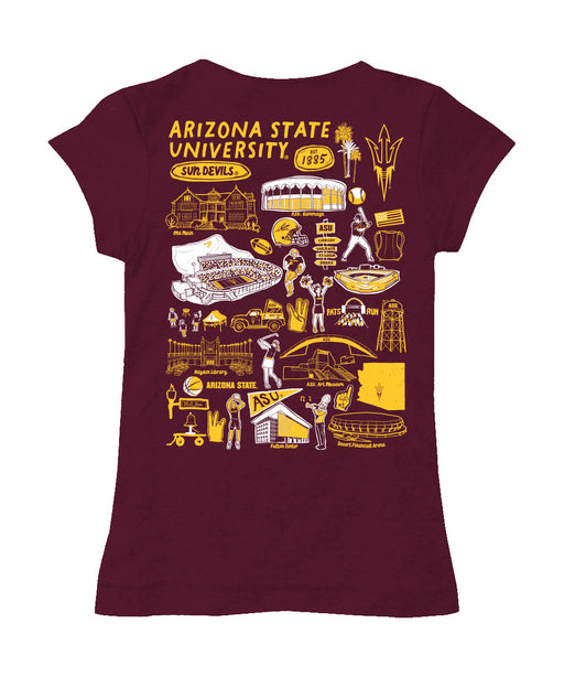 Arizona State Sun Devils Hand Sketched Vive La Fete Impressions Artwork Maroon Girls Cotton Short Sleeve Tee - Vive La Fête - Online Apparel Store