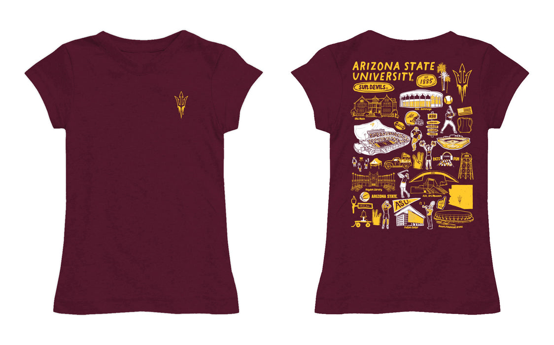 Arizona State Sun Devils Hand Sketched Vive La Fete Impressions Artwork Maroon Girls Cotton Short Sleeve Tee - Vive La Fête - Online Apparel Store