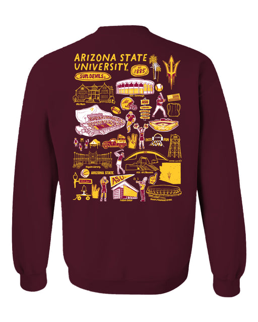Arizona State Sun Devils Hand Sketched Artwork Maroon Crewneck Sweatshirt for Women - Vive La Fête - Online Apparel Store