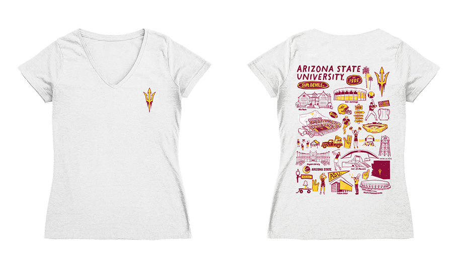 Arizona State Sun Devils Hand Sketched Vive La Fete Impressions Artwork Maroon Women Cotton Short Sleeve V-Neck Tshirt