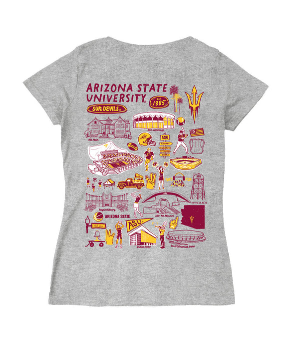 Arizona State Sun Devils Hand Sketched Vive La Fete Impressions Artwork Maroon Women Cotton Short Sleeve V-Neck Tshirt