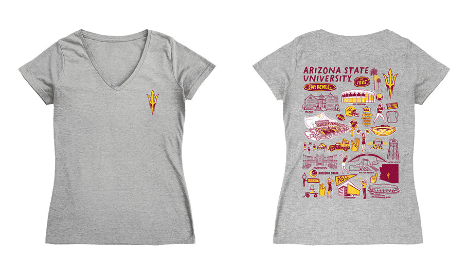 Arizona State Sun Devils Hand Sketched Vive La Fete Impressions Artwork Maroon Women Cotton Short Sleeve V-Neck Tshirt