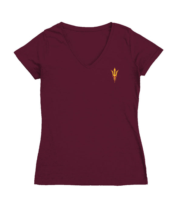 Arizona State Sun Devils Hand Sketched Vive La Fete Impressions Artwork Maroon Women Cotton Short Sleeve V-Neck Tshirt