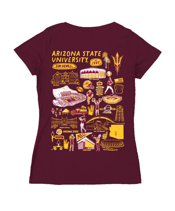 Arizona State Sun Devils Hand Sketched Vive La Fete Impressions Artwork Maroon Women Cotton Short Sleeve V-Neck Tshirt