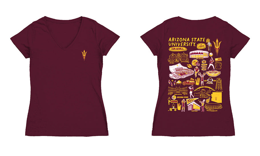 Arizona State Sun Devils Hand Sketched Vive La Fete Impressions Artwork Maroon Women Cotton Short Sleeve V-Neck Tshirt