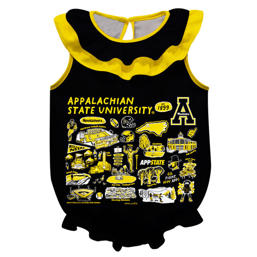 Appalachian State Mountaineers  Black Hand Sketched Vive La Fete Impressions Artwork Sleeveless Ruffle Onesie Bodysuit