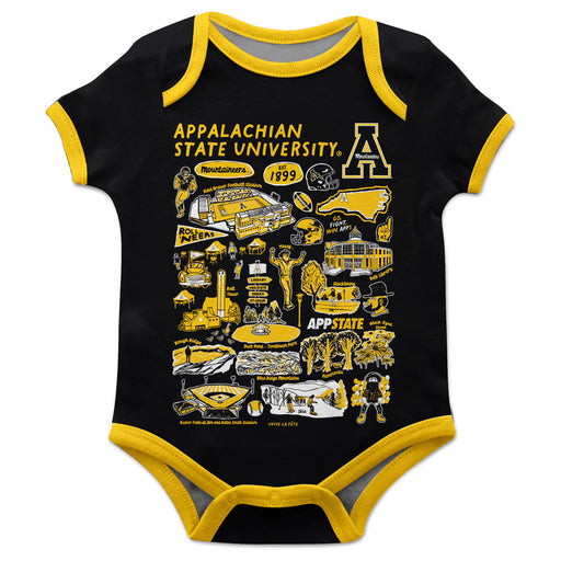 Appalachian State Mountaineers Hand Sketched Vive La Fete Impressions Artwork Infant Black Short Sleeve Onesie Bodysuit