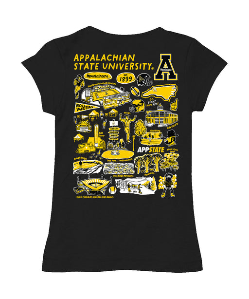Appalachian State Mountaineers Hand Sketched Vive La Fete Impressions Artwork Black Girls Cotton Short Sleeve Tee - Vive La Fête - Online Apparel Store